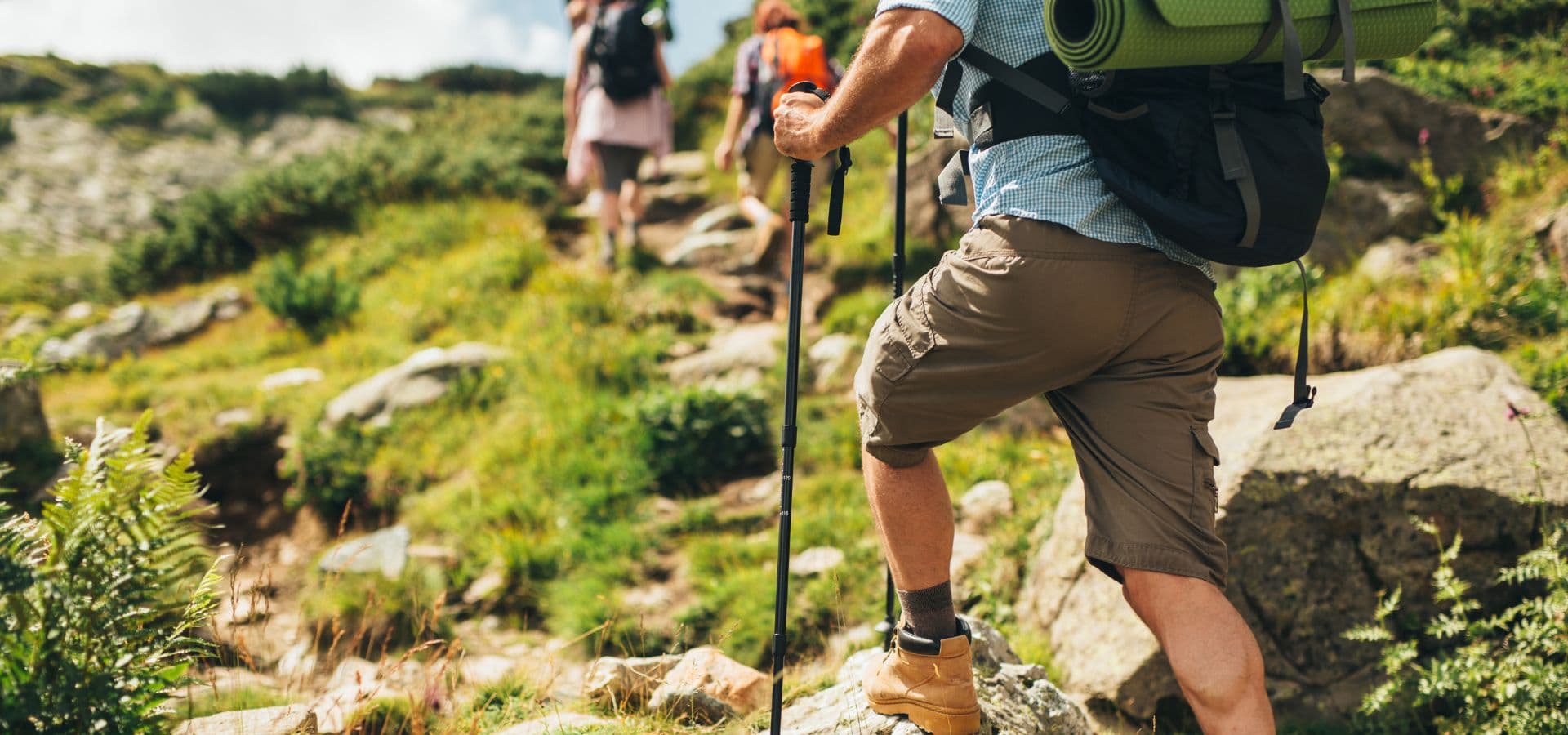 A hiker with a backpack ascends a rocky trail while others follow behind.